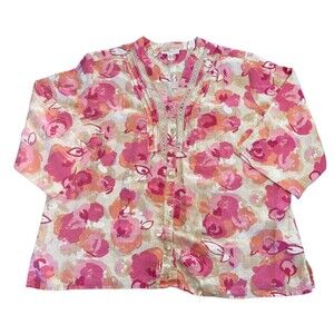 100% Linen JM Collection Blouse Women's Size 24 Pink Orange Floral Top Boho